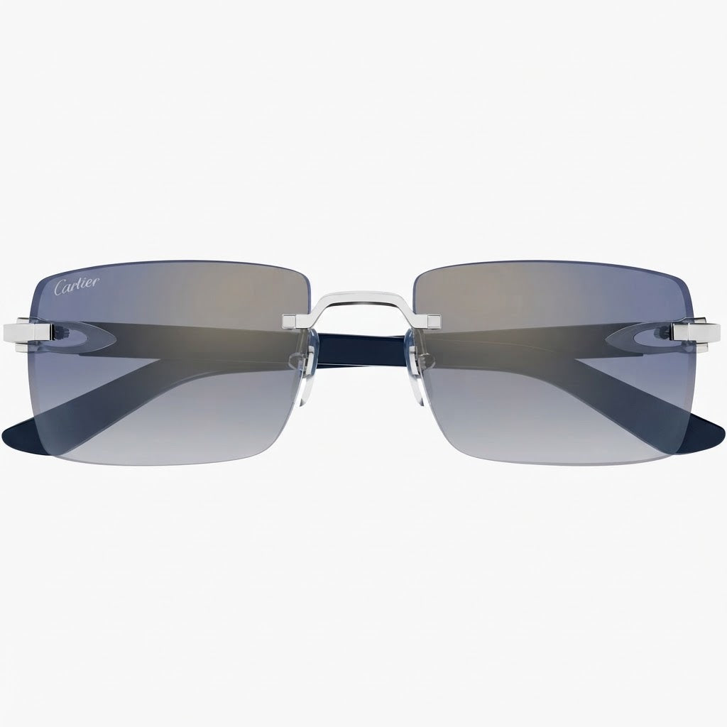 Cartier Signature Men Rimless Square Silver Blue Sunglasses