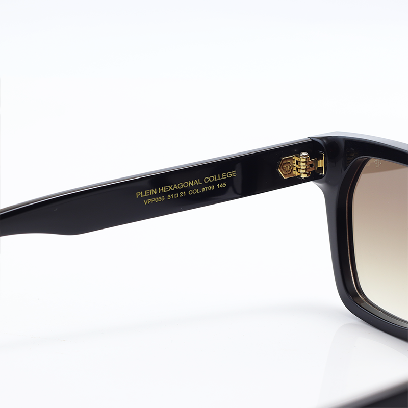 Philipp Plein Men Gold Bridge Hexagon Black Acetate Square Sunglasses