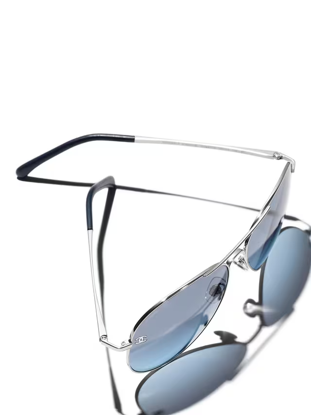 Chanel Women Pilot Titanium & Calfskin Silver & Blue Gradient Sunglasses
