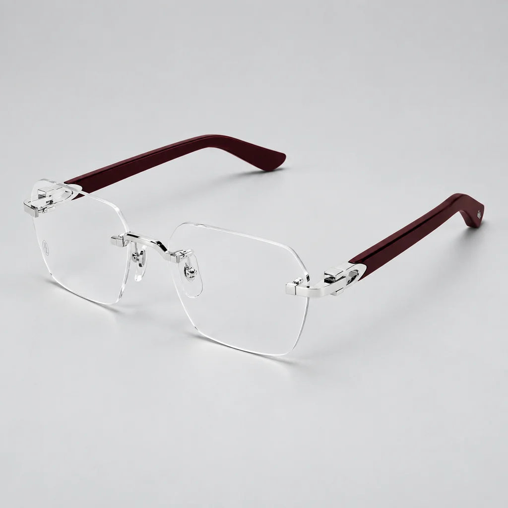 Cartier Signature C de Men Rimless Rectangular Burgundy Wood Temples and Clear Eyeglasses