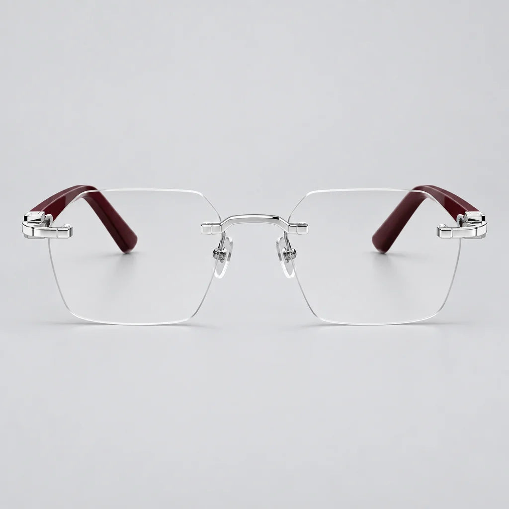 Cartier Signature C de Rimless Rectangular Burgundy Wood Temples and Clear Eyeglasses