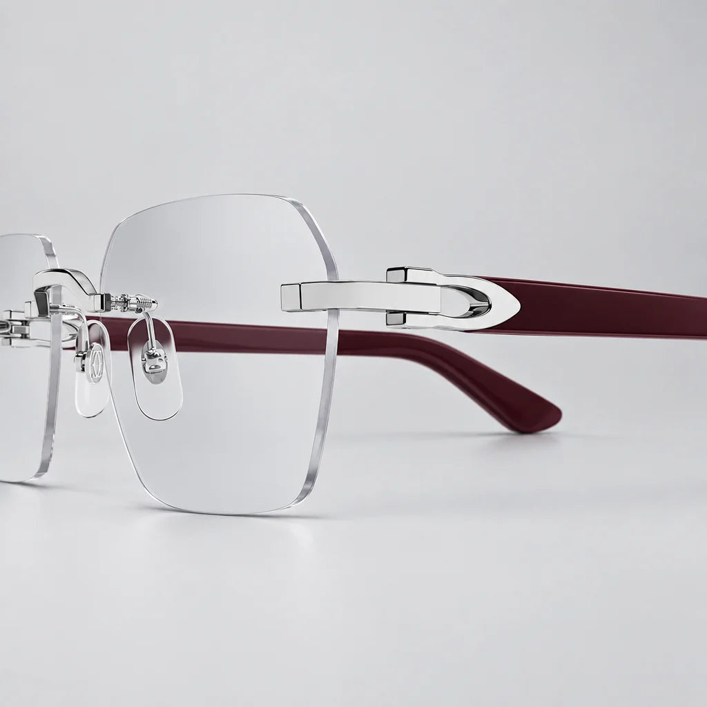 Cartier Signature C de Men Rimless Rectangular Burgundy Wood Temples and Clear Eyeglasses