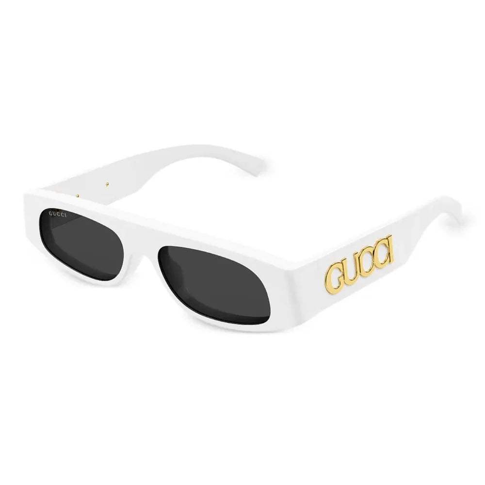 White Gucci rectangular sunglasses with gold logo detail
