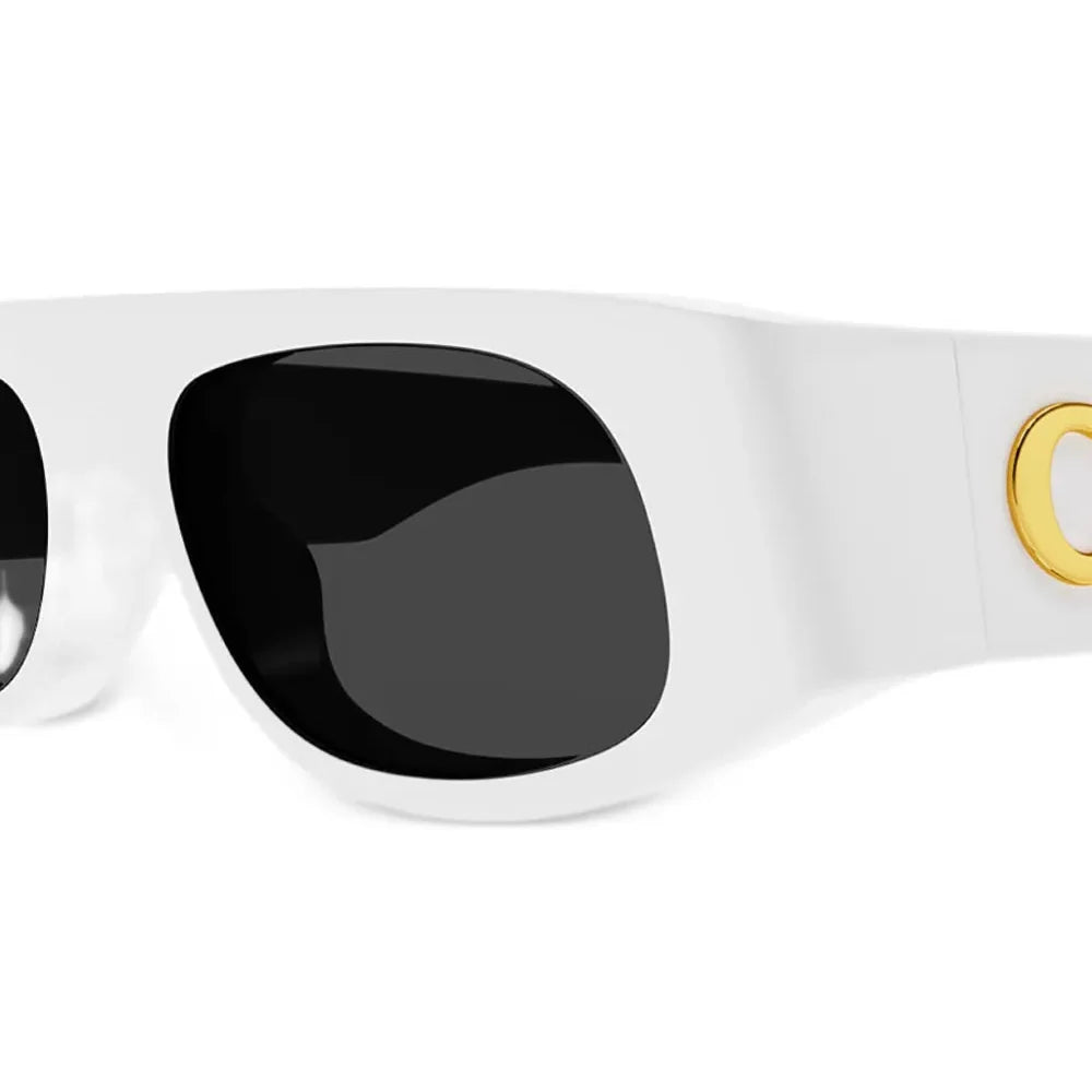 White luxury sunglasses with dark lenses and gold temple accents.