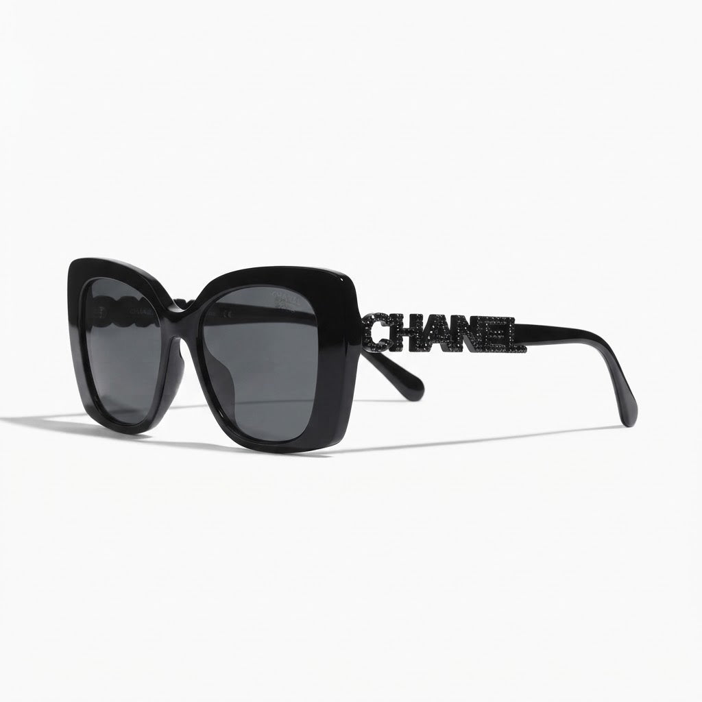 Chanel Women Acetate Strass Polarized Square Black Stone Logo Sunglasses