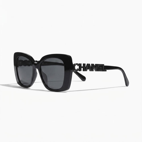 Chanel Women Acetate Strass Polarized Square Black Stone Logo Sunglasses