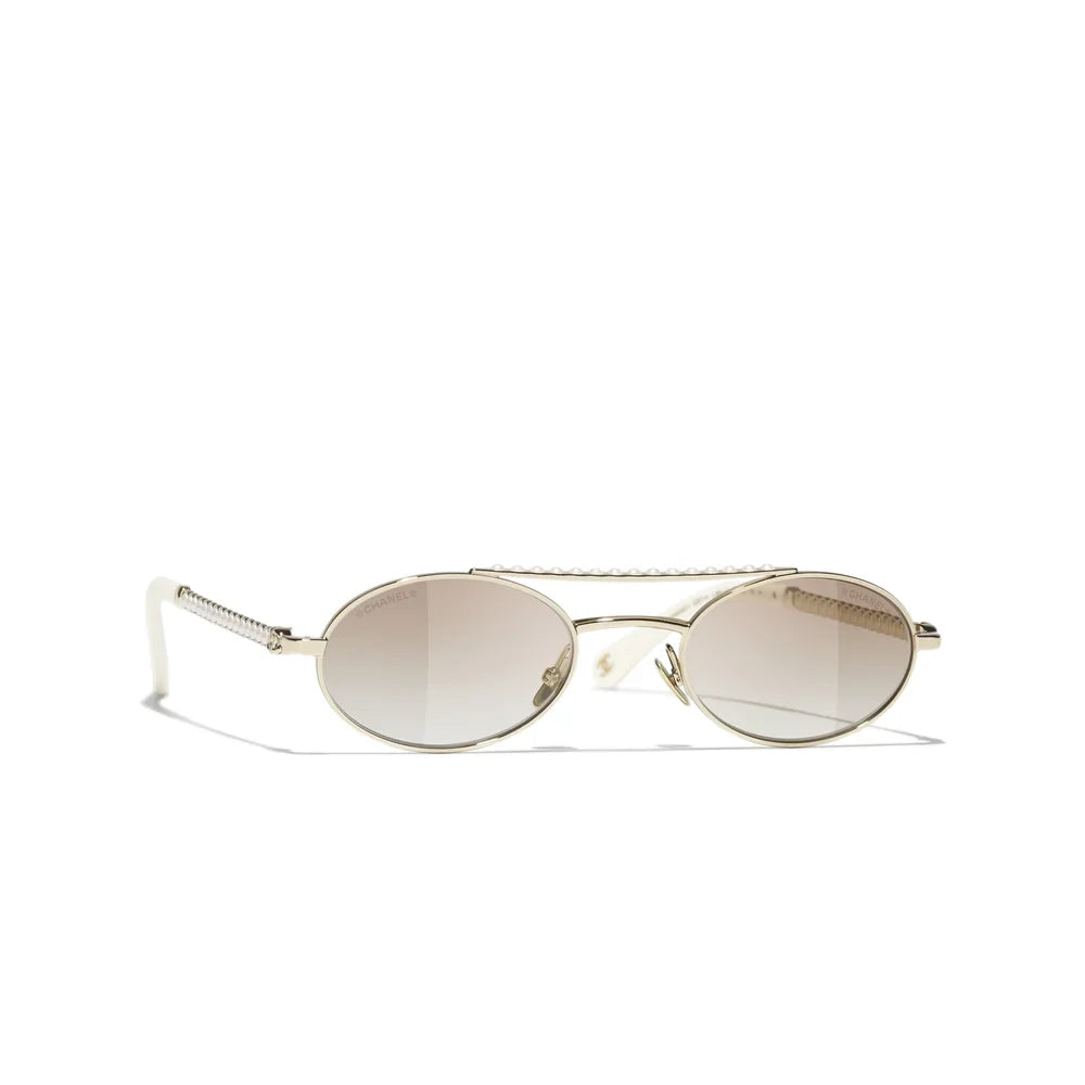 Chanel Oval Metal & Imitation Pearl Gold & Brown Gradient Sunglasses