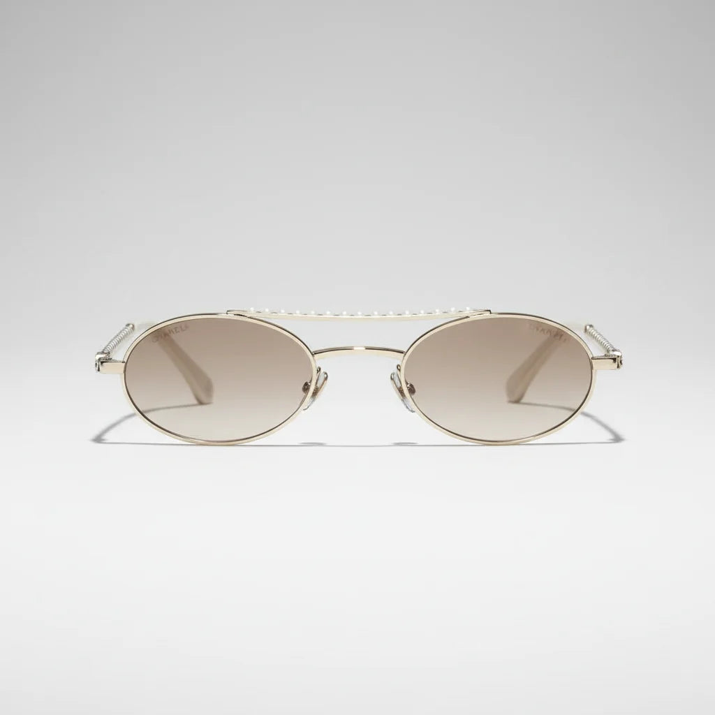 Chanel Oval Metal & Imitation Pearl Gold & Brown Gradient Sunglasses