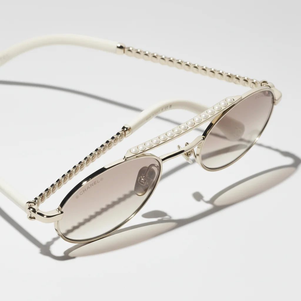 Chanel Oval Metal & Imitation Pearl Gold & Brown Gradient Sunglasses