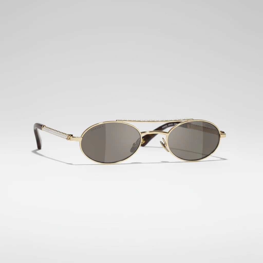 Chanel Oval Metal & Imitation Pearl Gold & Grey Sunglasses