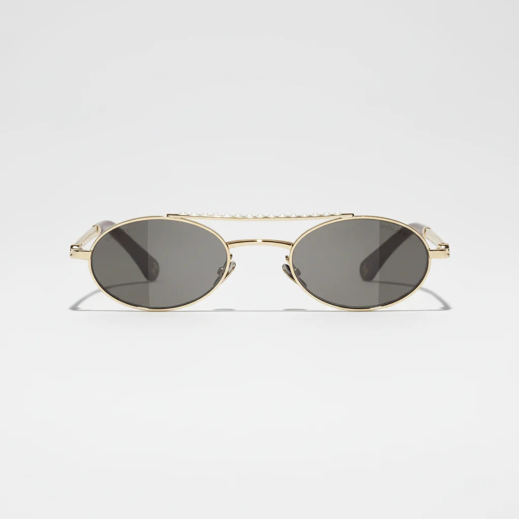 Chanel Oval Metal & Imitation Pearl Gold & Grey Sunglasses