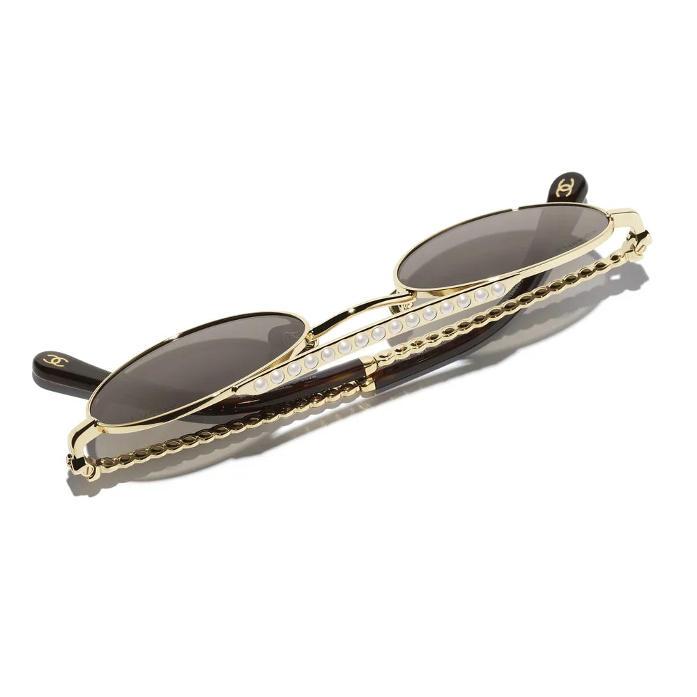 Chanel Oval Metal & Imitation Pearl Gold & Grey Sunglasses