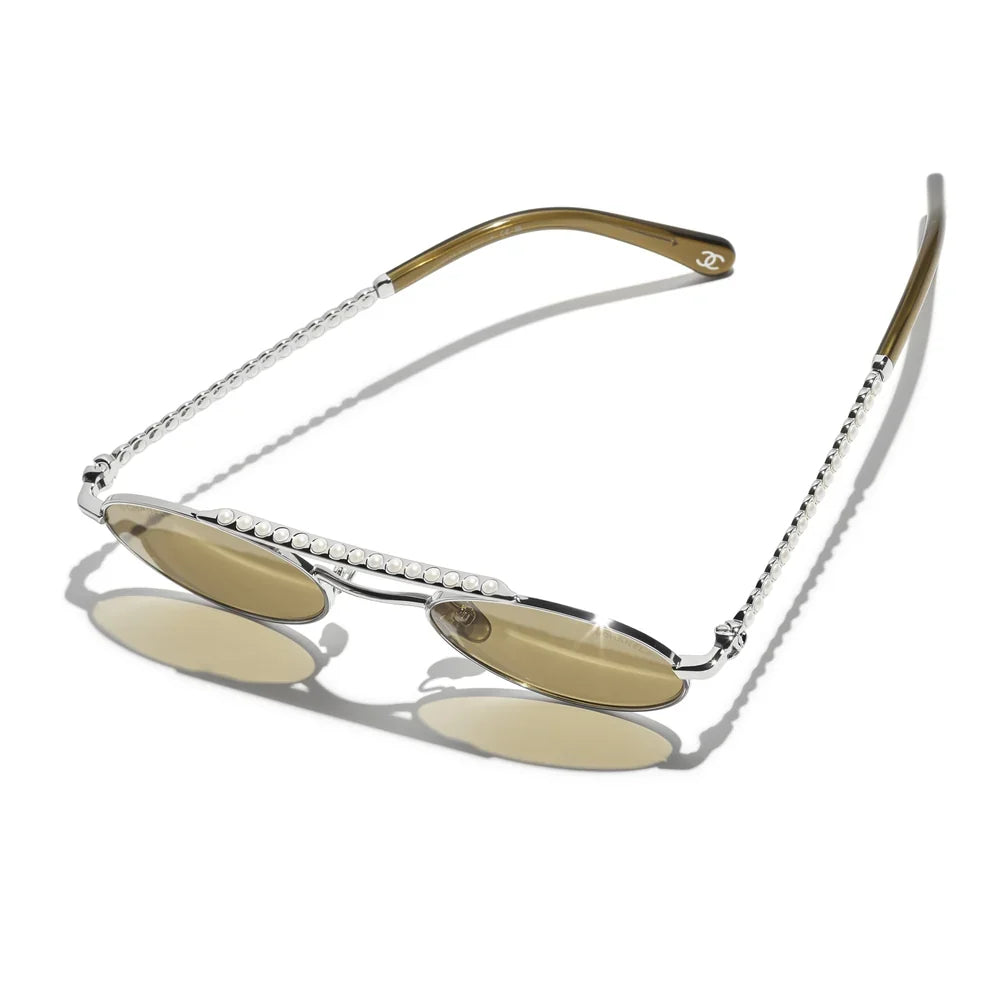 Chanel Oval Metal & Imitation Pearl Brown Sunglasses