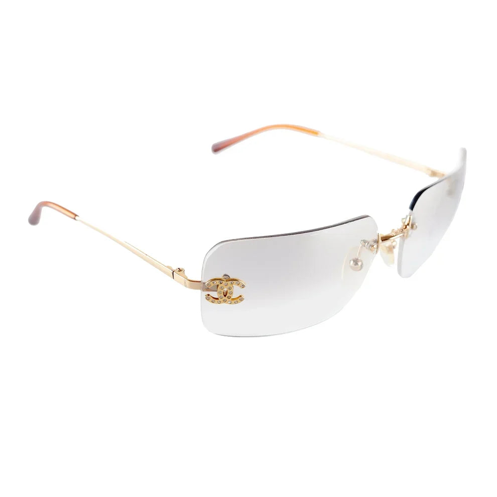 Chanel Unisex Coco Mark Clear Rhinestone Rimless Silver Sunglasses
