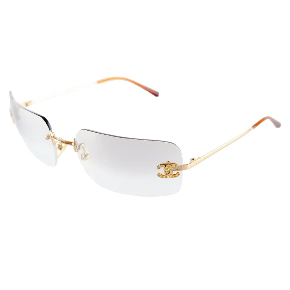 Chanel Unisex Coco Mark Clear Rhinestone Rimless Silver Sunglasses