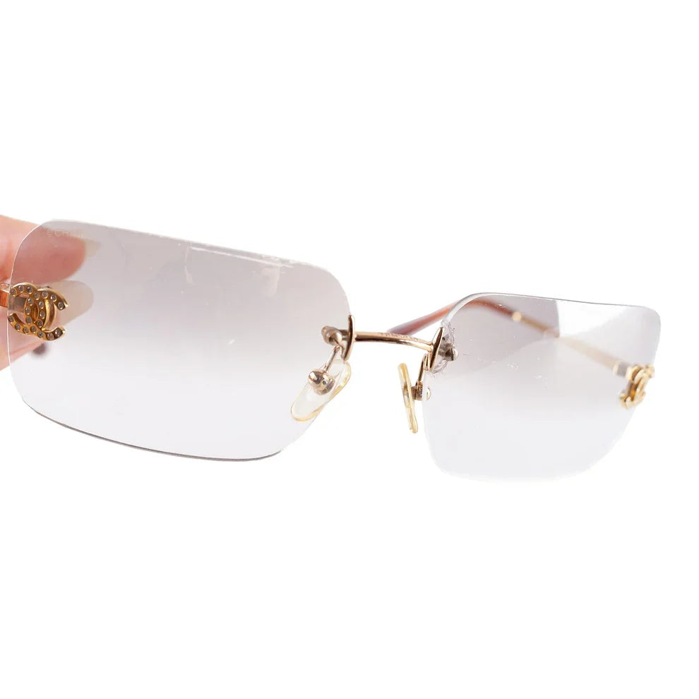 Chanel Unisex Coco Mark Clear Rhinestone Rimless Silver Sunglasses