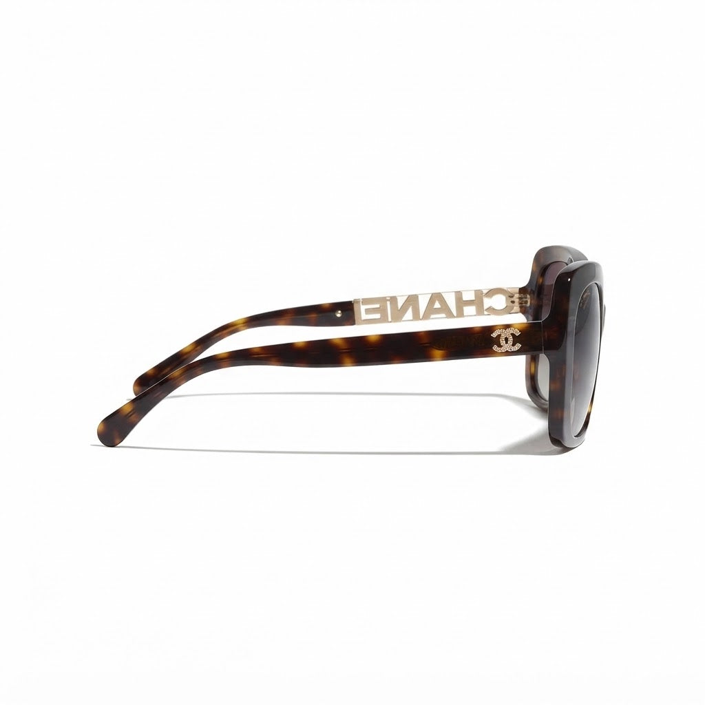 Chanel Women Acetate Strass Polarized Square Gold Stone Logo Sunglasses