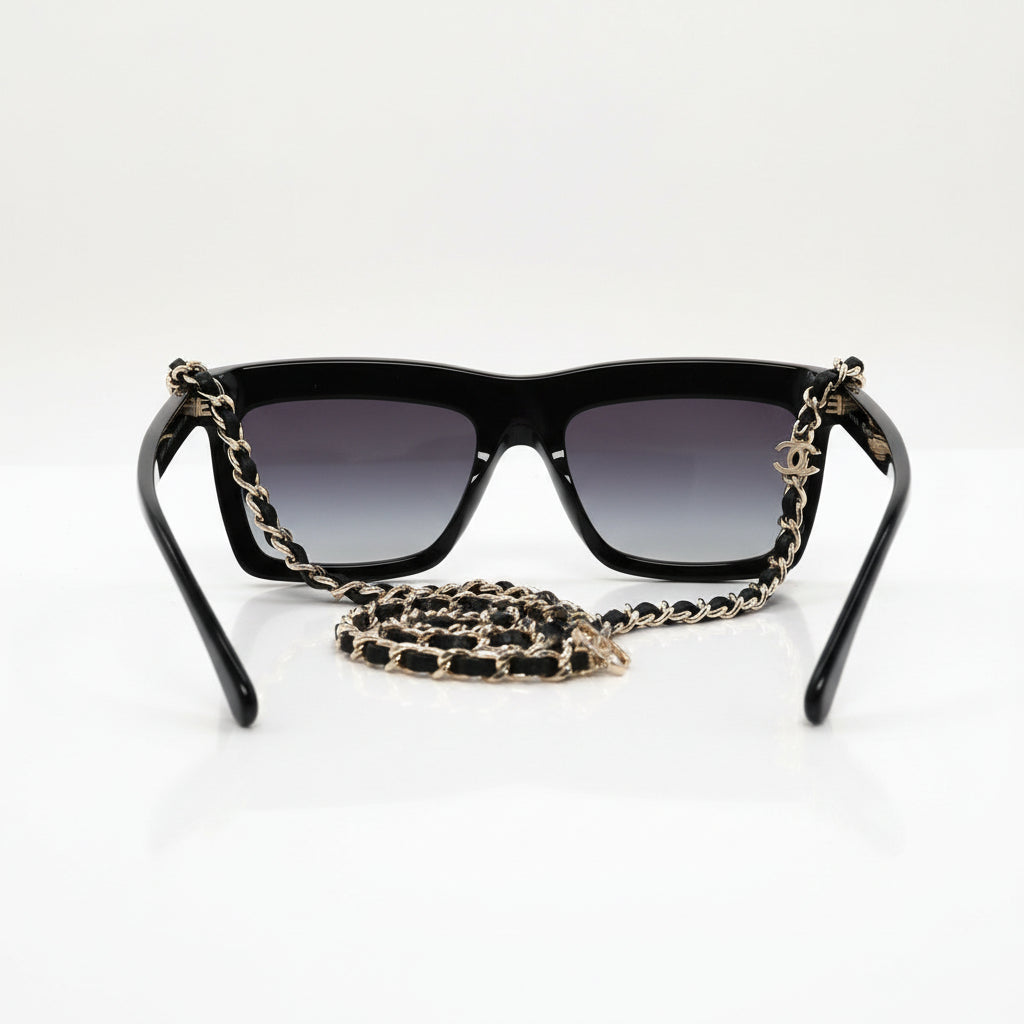 Chanel Women Rectangle Calfskin Chain Black Sunglasses