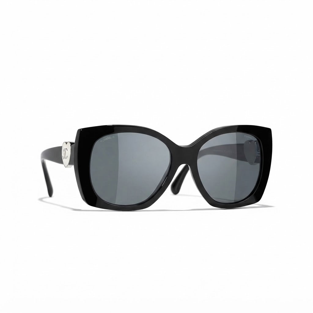 Chanel Women Square Silver Logo Black Sunglasses