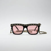 Chanel Women Rectangle Calfskin Chain Black Pink Sunglasses