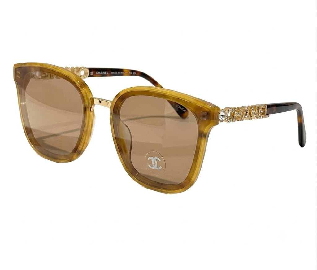 Chanel Women Classic Square Acetate Polarized Rhinestone Chanel Logo Honey Tortoise Sunglasses