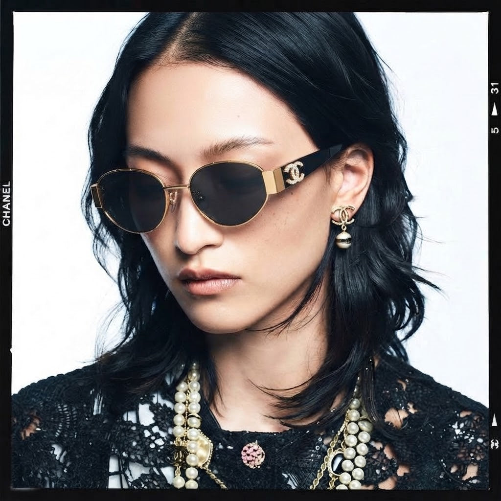 Chanel Women Oval Frame Black Sunglasses