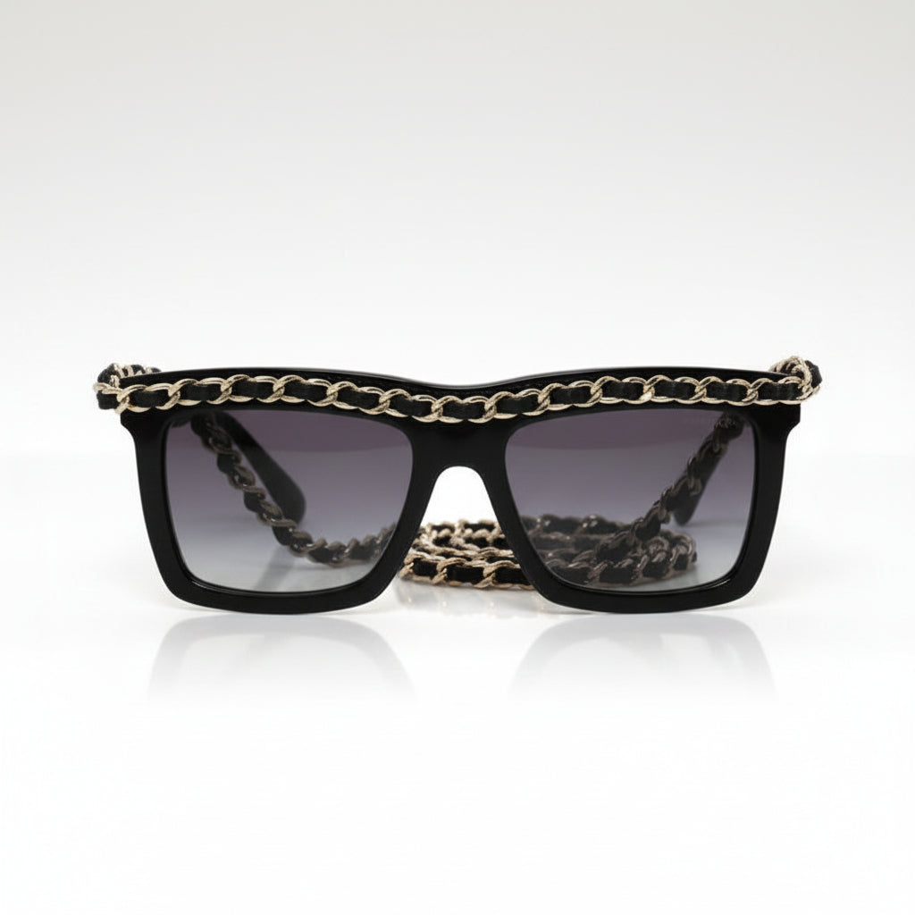 Chanel Women Rectangle Calfskin Chain Black Sunglasses
