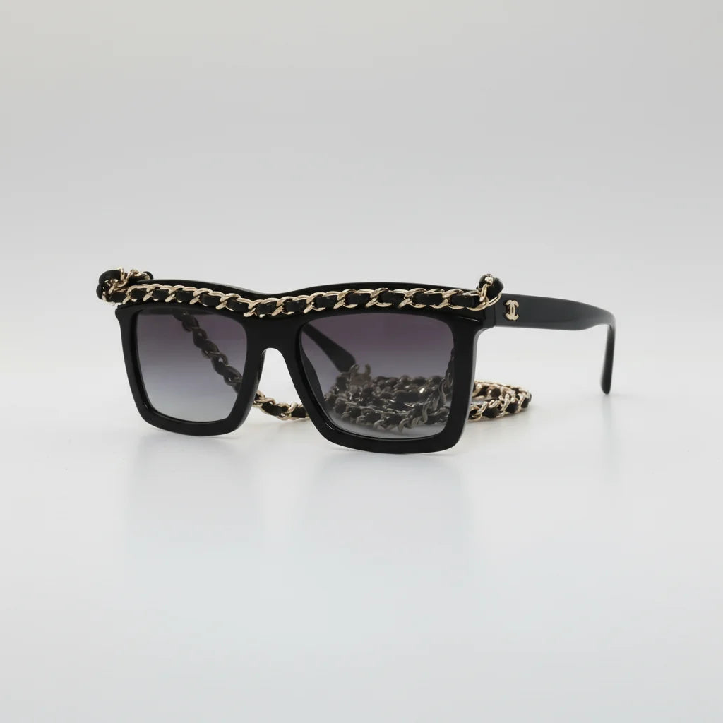 Chanel Women Rectangle Calfskin Chain Black Sunglasses