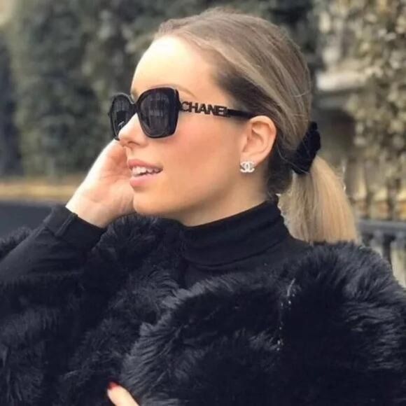 Chanel Women Acetate Strass Polarized Square Black Stone Logo Sunglasses