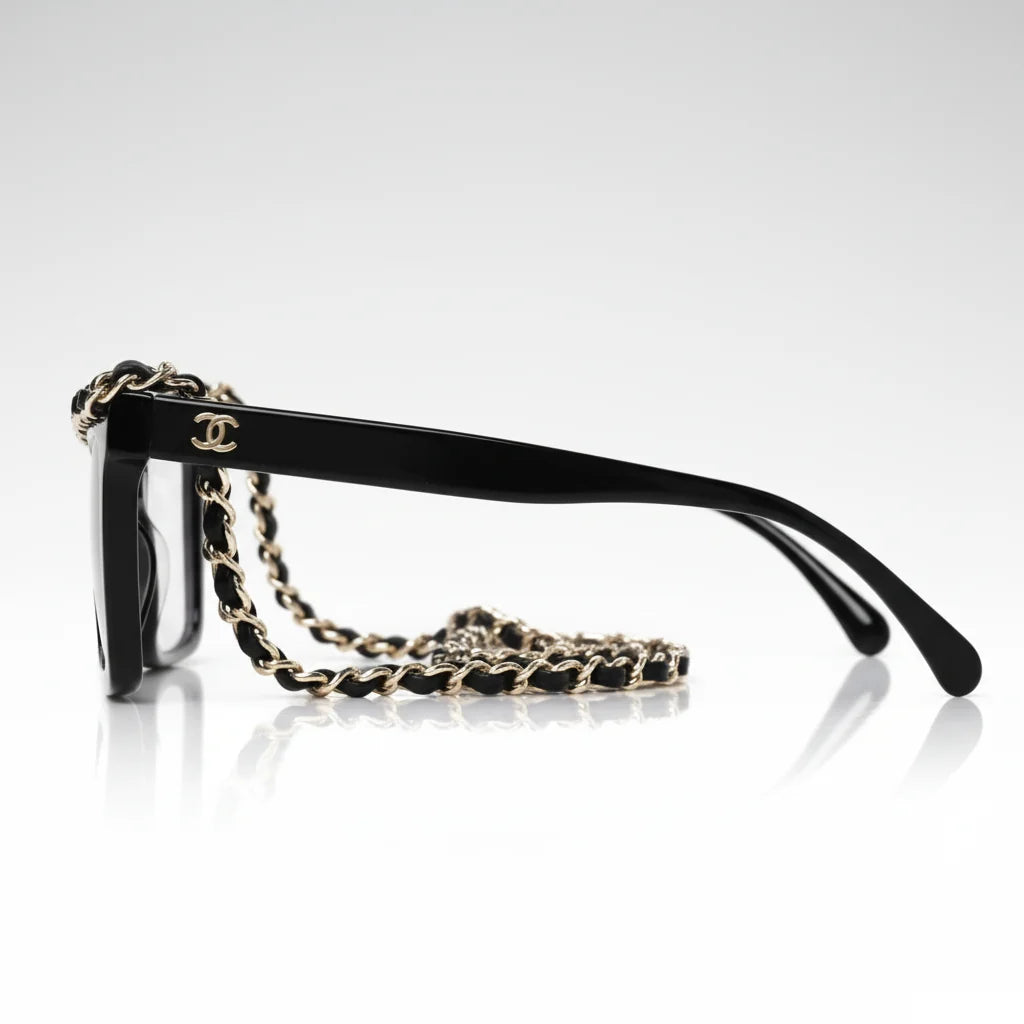 Chanel Women Rectangle Calfskin Chain Black Sunglasses