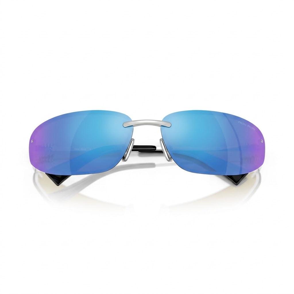 Miu Miu Women MU A50S Rimless  Silver / Mirror Cyan Blue Sunglasses