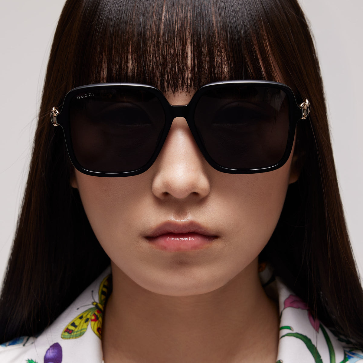 Gucci Women Low Nose Bridge Fit Butterfly Black Sunglasses