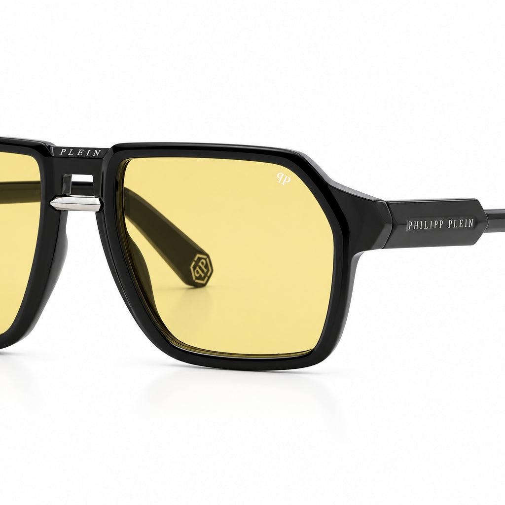 Philipp Plein Unisex Contemporary Flat-Top Aviator Black & Yellow Sunglasses