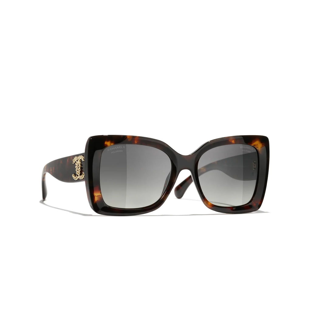 Chanel Women Square Dark Tortoise & Grey Polarized Sunglasses