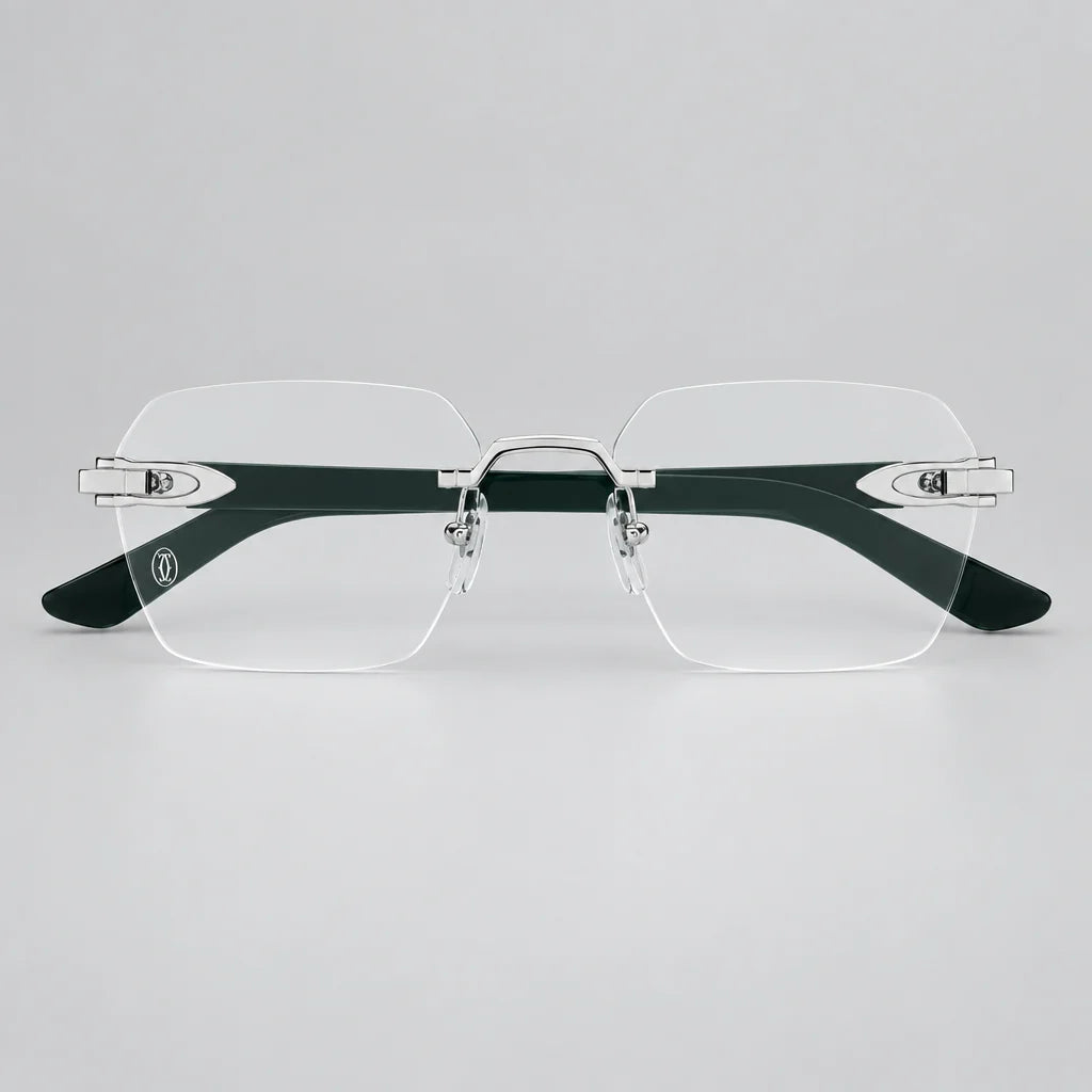 Cartier C Décor Men Rimless Dark Green Wood Temples Transparent Glasses