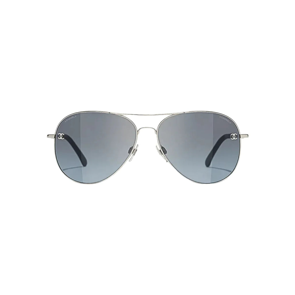 Chanel Women Pilot Titanium & Calfskin Silver & Blue Gradient Sunglasses