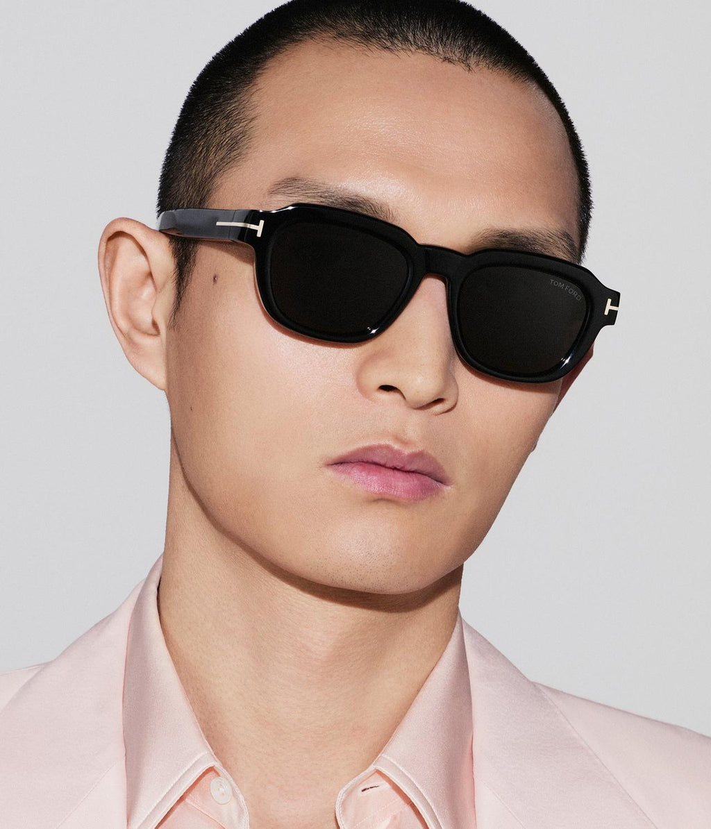 Tom Ford Men Square Frame Shiny Dusty Black Sunglasses