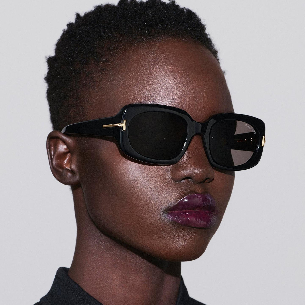 Tom Ford Men Rectangular Frame Shiny Dusty Black Sunglasses