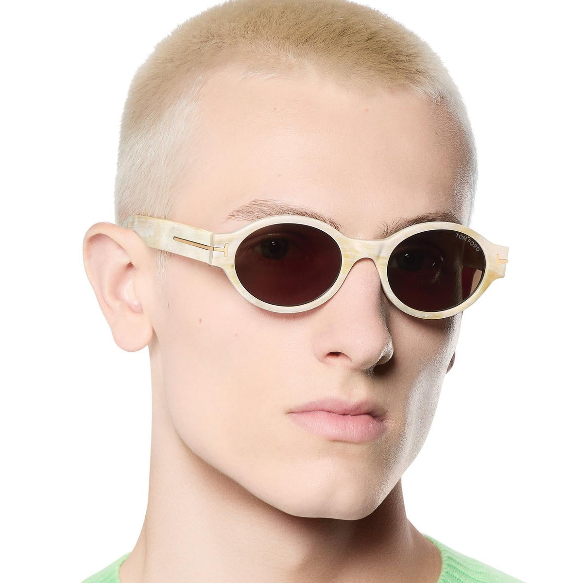 Tom Ford Men Round Frame Shiny Coloured Horn Sunglasses