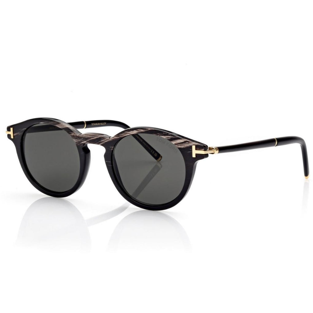 Tom Ford Men Round Frame Black Horn Sunglasses