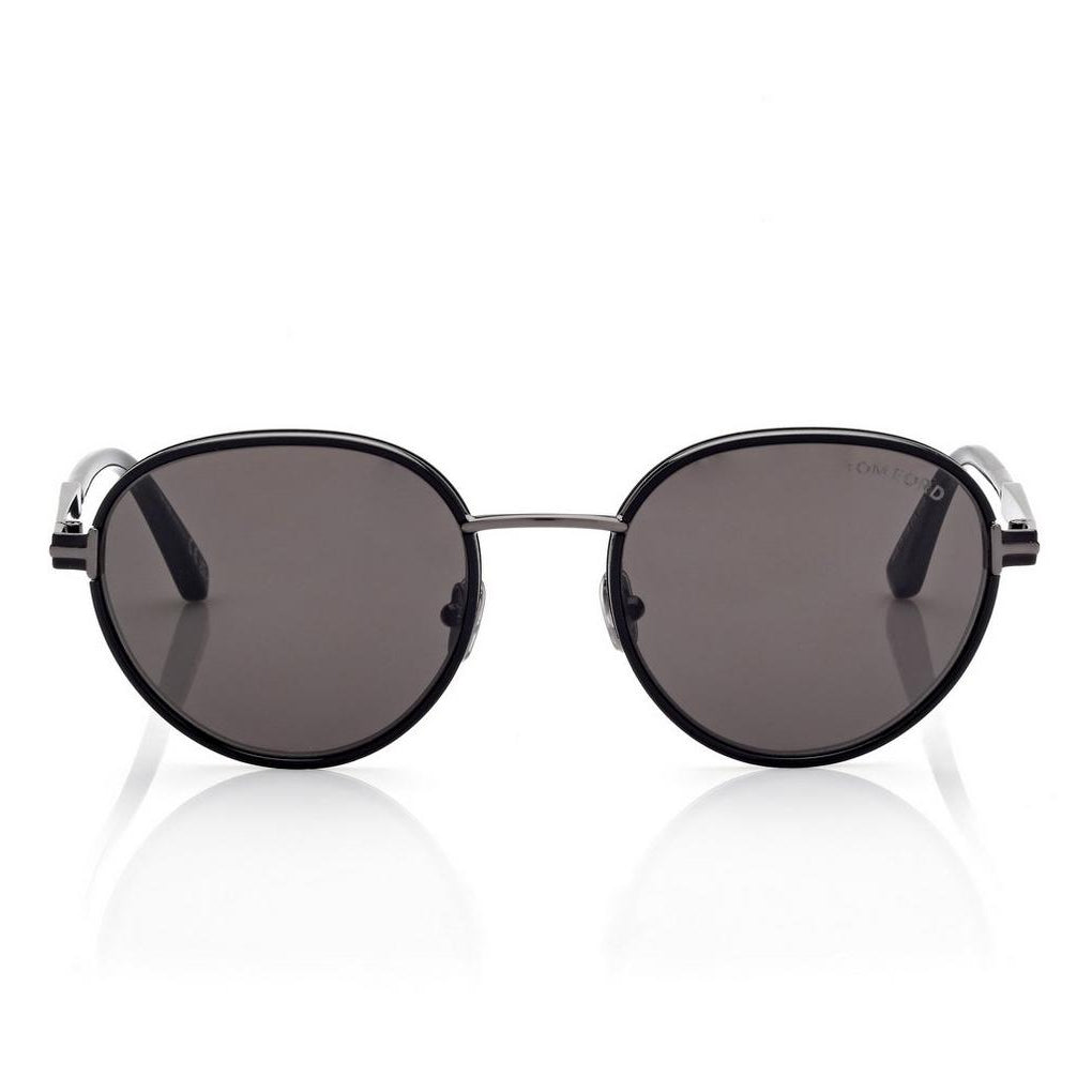 Tom Ford Men Round Frame Shiny Smoky Black Sunglasses