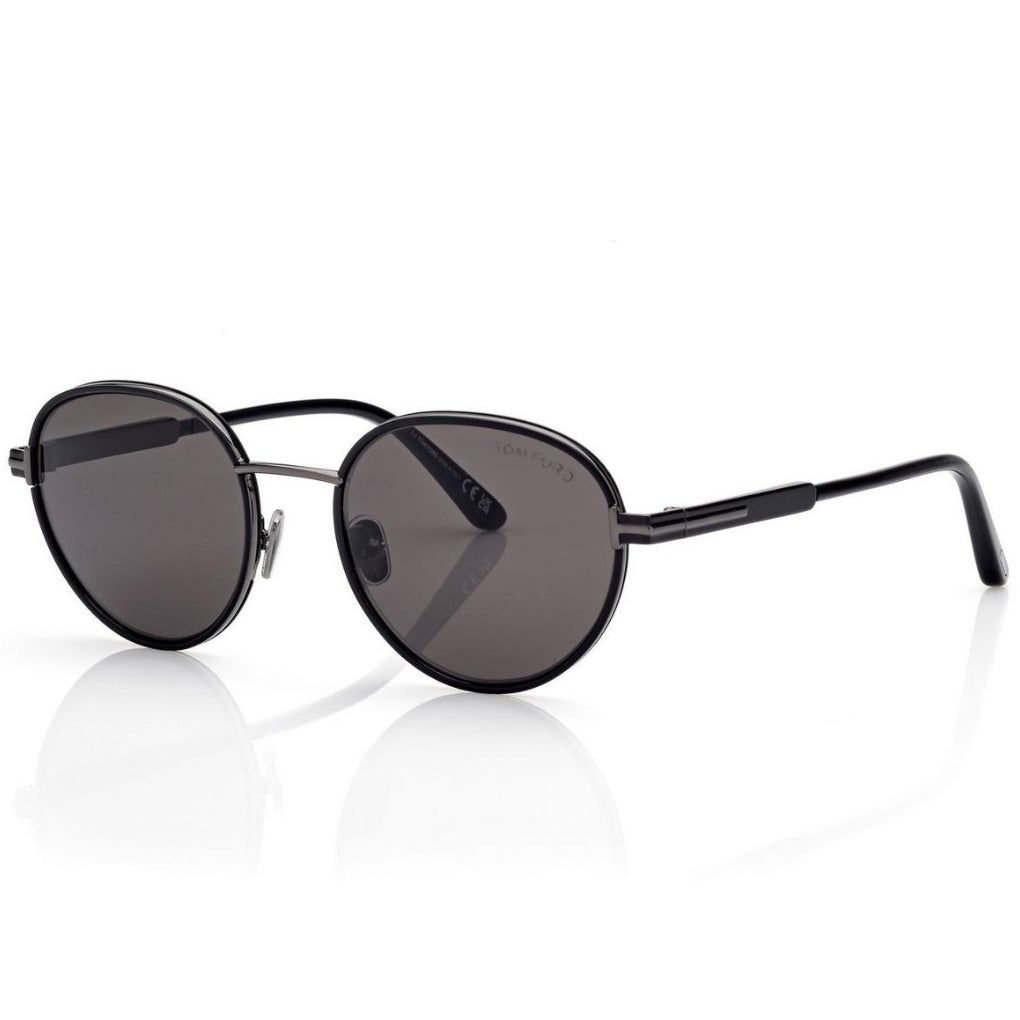 Tom Ford Men Round Frame Shiny Smoky Black Sunglasses