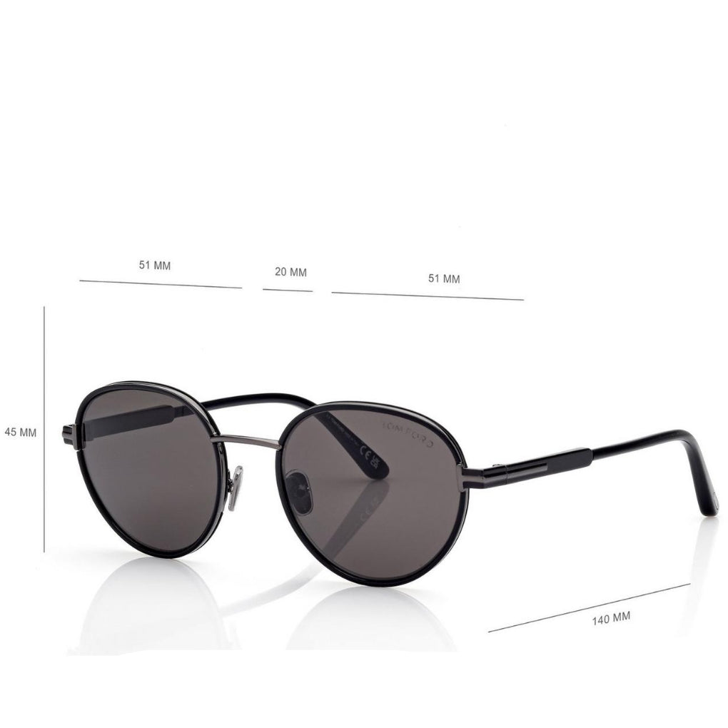Tom Ford Men Round Frame Shiny Smoky Black Sunglasses