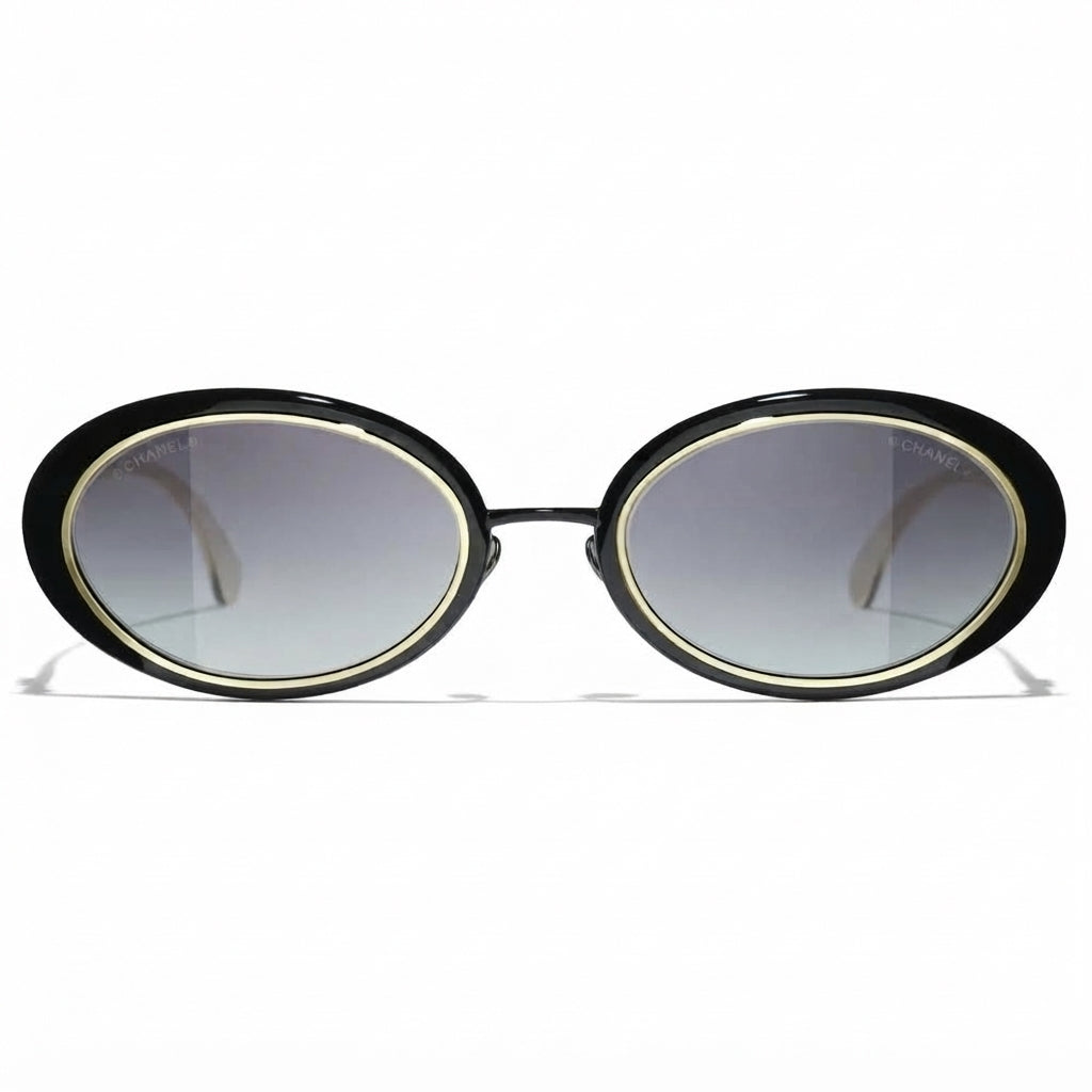 Chanel Women Oval Black Gold Gray Sunglasses