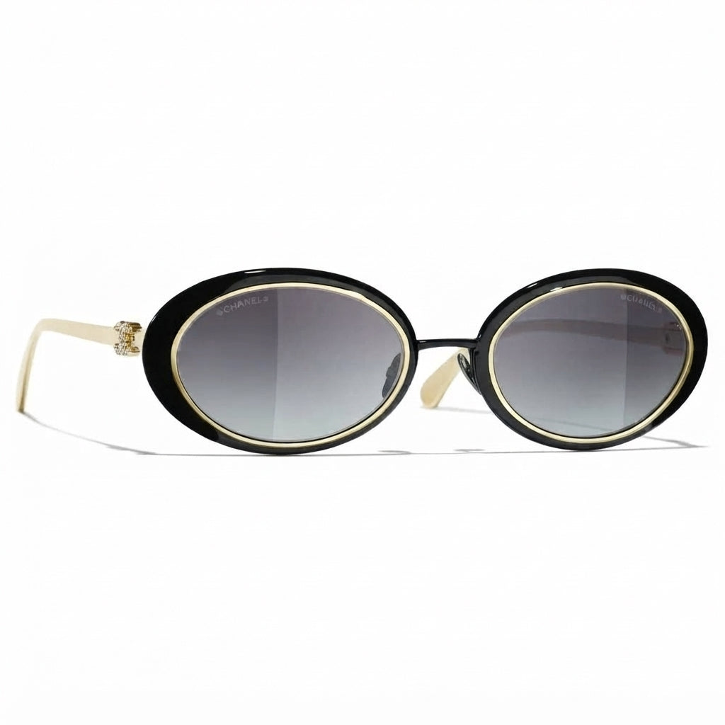 Chanel Women Oval Black Gold Gray Sunglasses