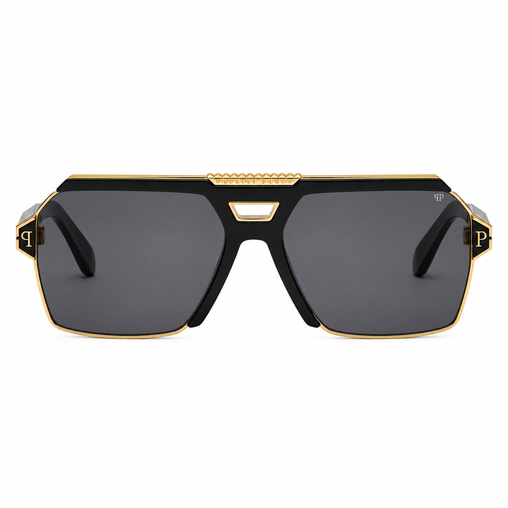 Philipp Plein Unisex Contemporary Flat-Top Aviator Black & Gold Sunglasses