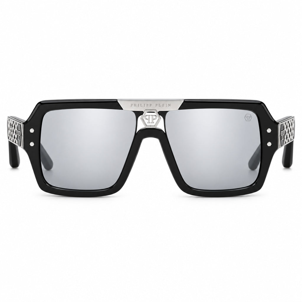 Philipp Plein Unisex Shiny Black & Silver Aviator Sunglasses