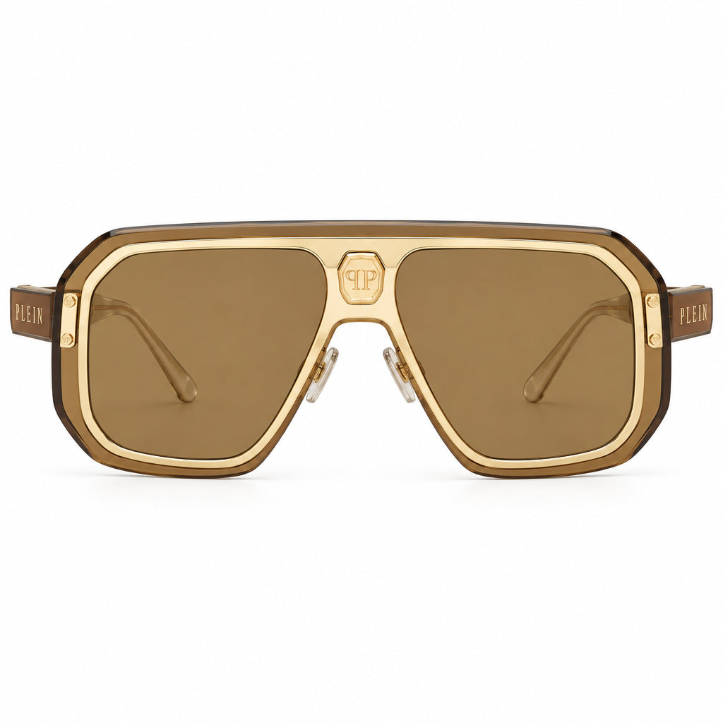 Philipp Plein Unisex Shield Semi-Matt Rose Gold / Brown Sunglasses