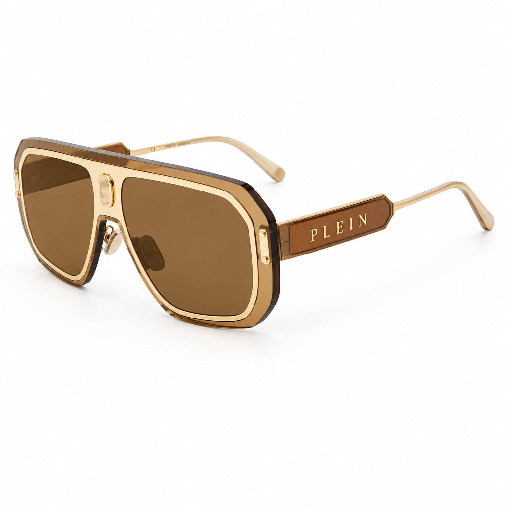 Philipp Plein Unisex Shield Semi-Matt Rose Gold / Brown Sunglasses