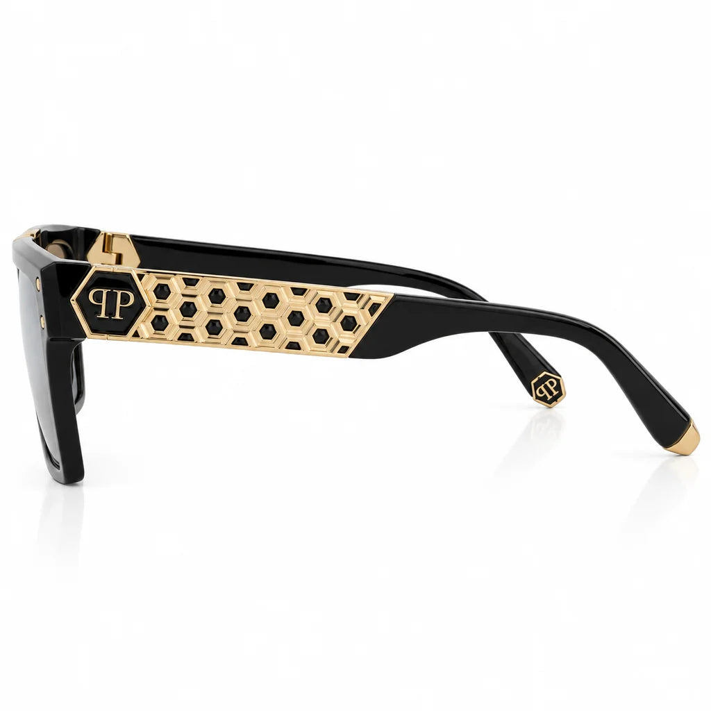 Philipp Plein Unisex SPP080 Geometric Black / Gold Sunglasses